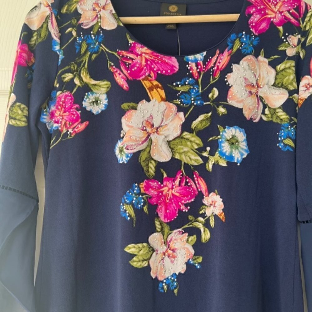 JM Collection Floral Chiffon Blouse XS – Angel Sleeves Navy Pink Floral NWT - Picture 4 of 13
